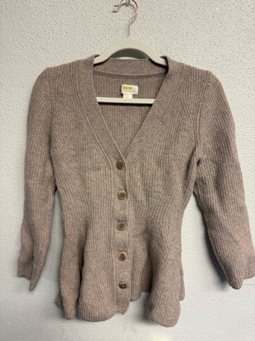 Anthropologie Taupe Ribbed V-Neck Button Cardigan